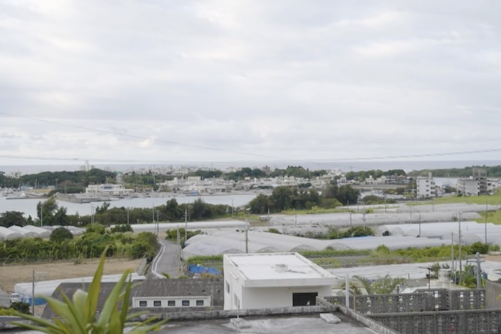 奥武島と海を望む場所にある農業用ハウス